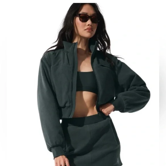 Alo Yoga Polar Fleece Cropped Wintry Mix Jacket (Charcoal Green) - Picture 4 of 7